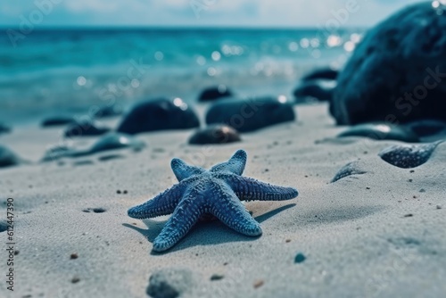 Blue starfish on the sand with the sea in the background. seashore, place for text, copy space. Travel, vacation. A blue seastar (Linkia laevigata). High quality photo Generative AI photo