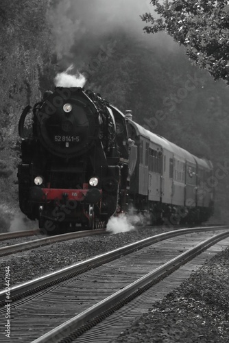 Selective color of steam train with railways with misty background