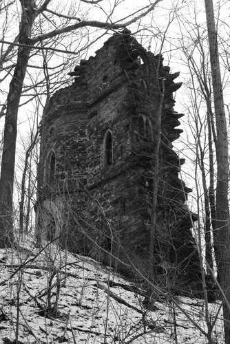 Vertical greyscale of a ruined building in winter