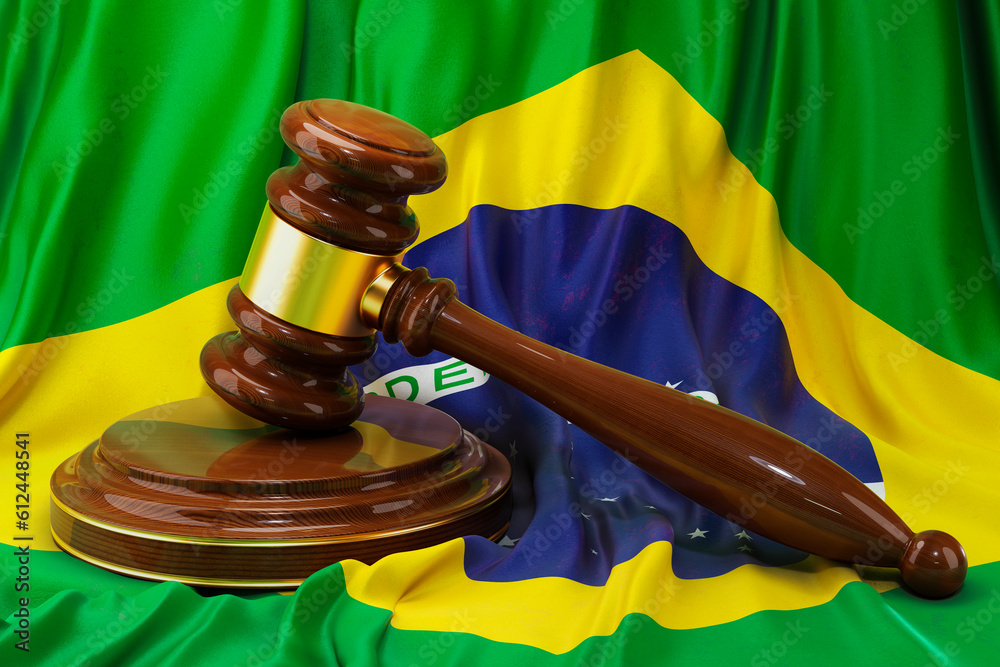 Brazilian law and justice concept. Wooden gavel on flag of Brazil, 3D rendering