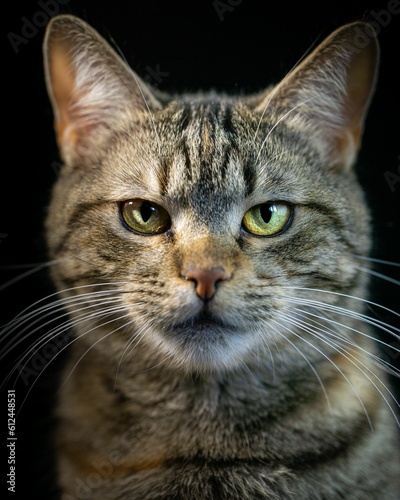Vertical closeup portrait of a portrait a cat with an angry face on  a black background