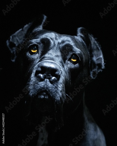 Vertical shot of a dog on a black background