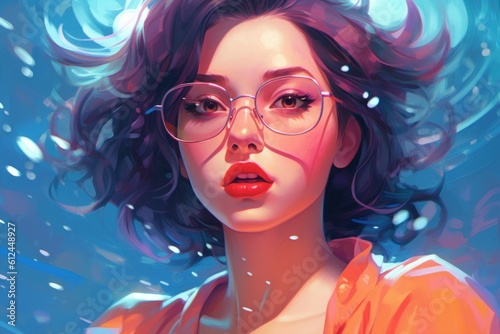 portrait of a beautiful young woman with short brown hair and pink sunglasses under the water with blue background. amazing cartoonish artstyle with vibrant colors. Generative AI