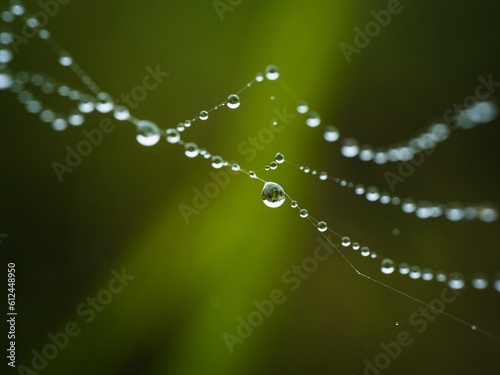 Closeup of a dew, water drops, droplets making a natural pearl necklace on a spider web