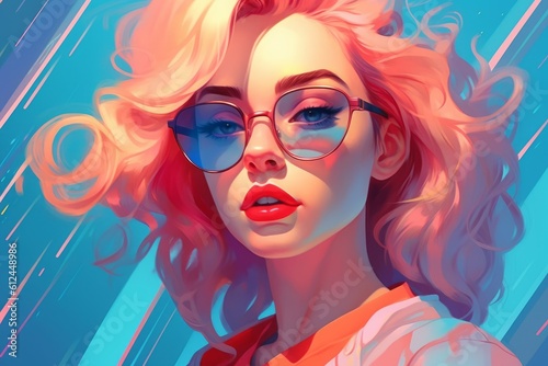 portrait of a beautiful young woman with long blonde hair and pink sunglasses with blue background. amazing cartoonish artstyle with vibrant colors. Generative AI