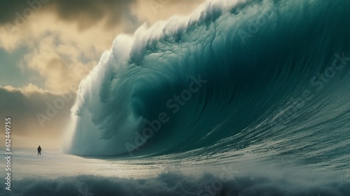 A man, a surfer in front of a giant wave. The concept of the power of nature and the vulnerability of man to its forces. Huge waves Tsunami Big waves 