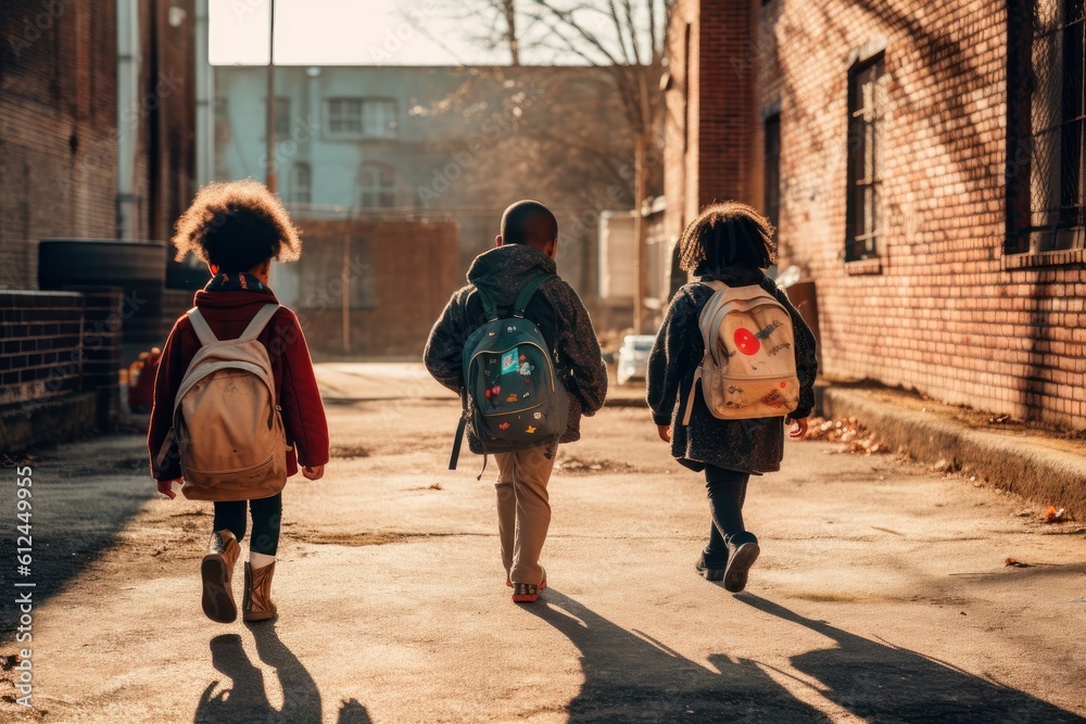 Group of african americans students wearing backpack going along the city street to school and communicate. view from back. Back to school concept. September. Education. Friendship Generative AI