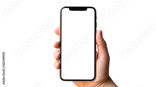 right hand with smartphone transparent screen on transparent background, horizontal image of hand with phone with blank space screen and background, isolated on transparent background, generative ai
