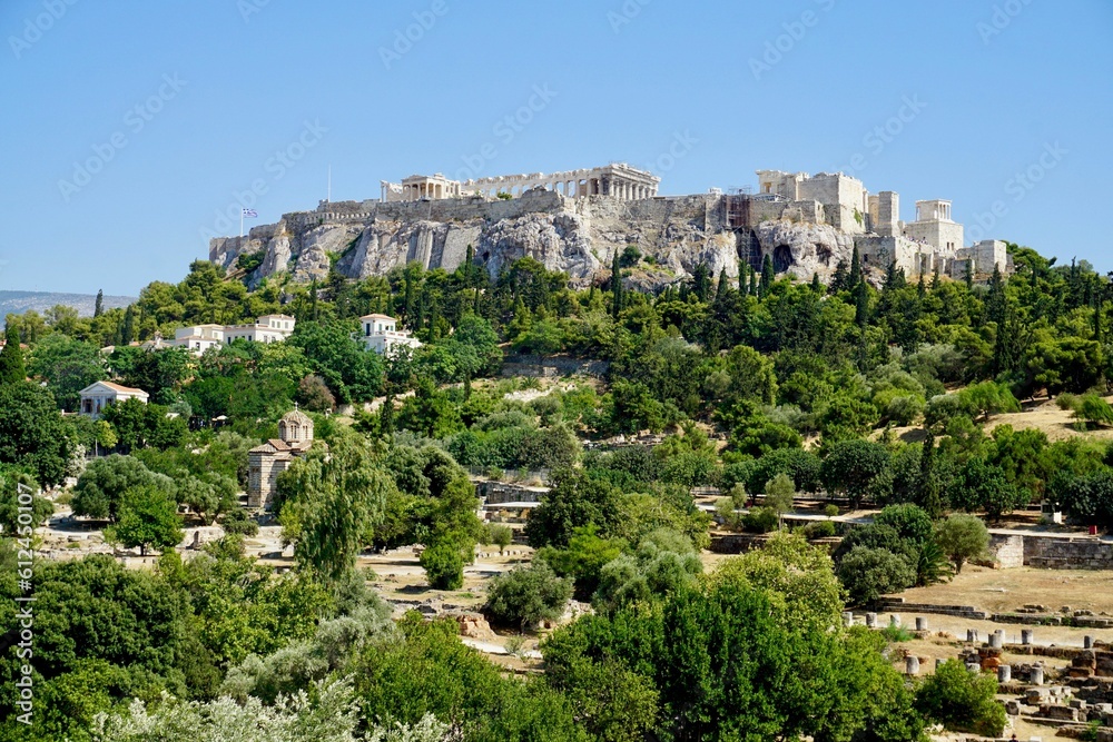 Temple of the Acropolis of Athens seen from the Agora in Greece on a sunny day