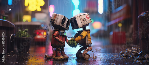 Fotografie, Tablou Robots in love in cyber city in a rain Generative AI