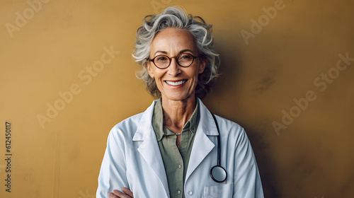 Middle-aged caucasian woman doctor with crossed arms stands against the wall.?reated with Generative AI technology.