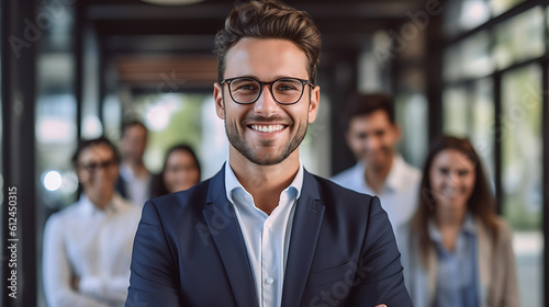 Young smiling businessman standing in front of team, smiling at camera. Created with Generative AI technology.
