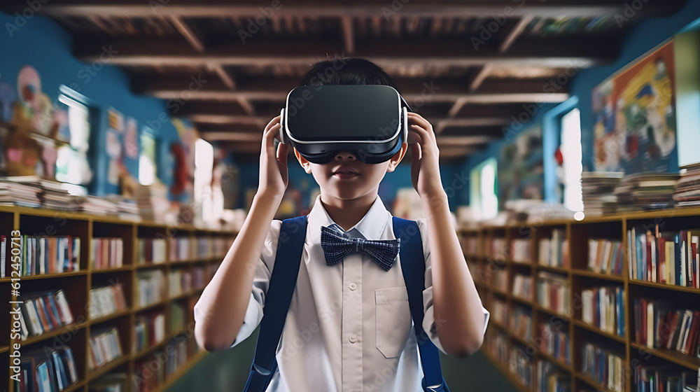 Schoolboy wearing virtual reality goggles at school library.Created with Generative AI technology. Schoolboy wearing virtual reality goggles at school library.Created with Generative AI technology.