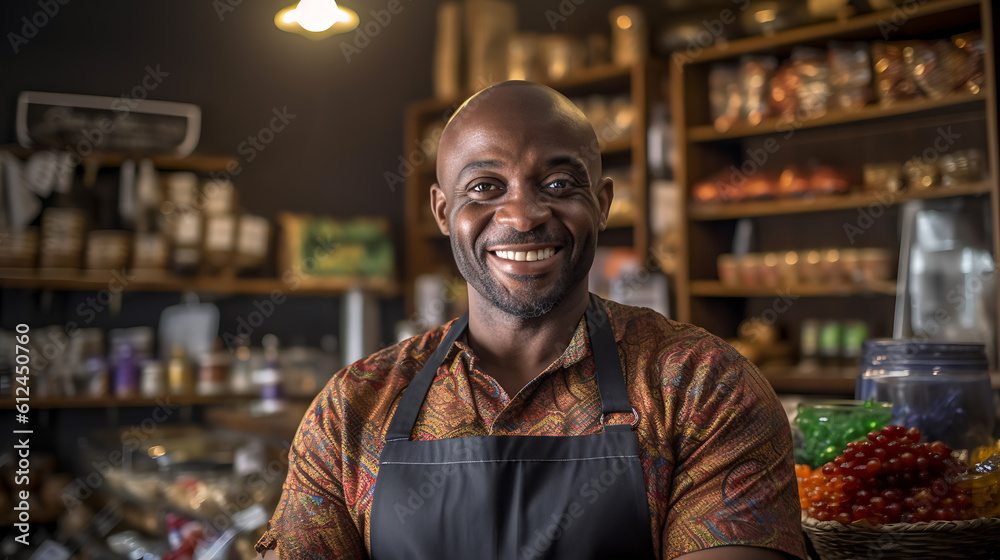 Successful african american business owner standing with crossed arms with his trendy cafe in background. Сreated with Generative AI technology. Successful african american business owner standing with crossed arms with his trendy cafe in background. Сreated with Generative AI technology.