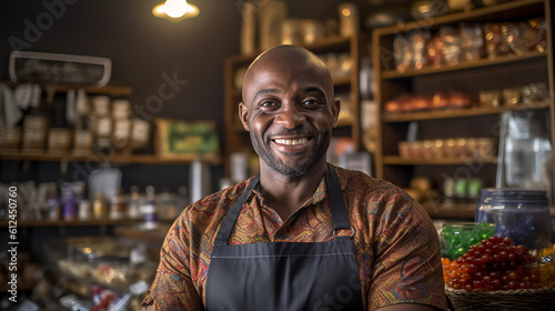 Successful african american business owner standing with crossed arms with his trendy cafe in background. Сreated with Generative AI technology.
