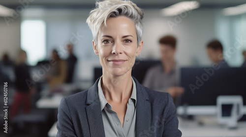 Confident middle aged businesswoman in suit standing against office background.Created with Generative AI technology.