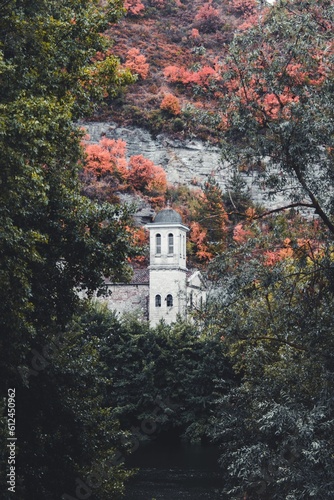 Vertical shot of a church surrounded by trees in autumn.