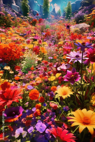 Step into a vibrant oasis where a riot of colors explodes from an enchanting garden, adorned with blooming flowers in every hue. Generative AI 