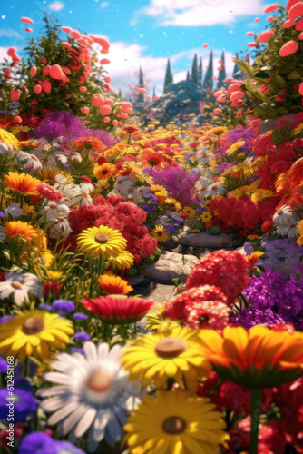 Step into a vibrant oasis where a riot of colors explodes from an enchanting garden  adorned with blooming flowers in every hue. Generative AI 