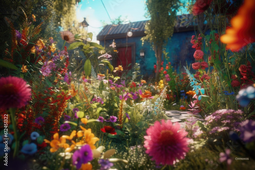 A vibrant garden bursting with a riot of colors from various blooming flowers. Generative AI 