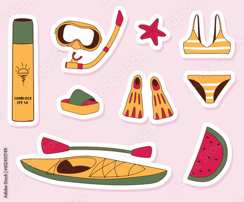 Colorful hand drawn summer stickers collection
