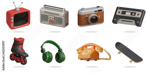 vintage appliances 3D vector icon set.
television,radio,camera,music cassette,roller skate,headphone,classic telephone,skateboard