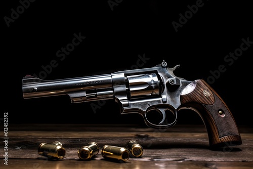 Revolver with bullets on the wooden table