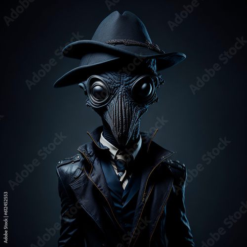Portrait of stylish grey alien in suit, eyewear and hat. Generative AI technology