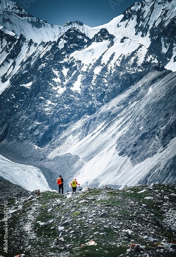 Vertical shot of two hikers on the Xiata ancient trail in Xinjiang, China