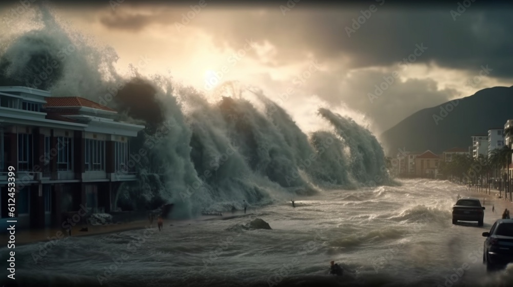 A tsunami hit a seaside town. Apocalyptic dramatic background, giant tsunami waves, dark stormy sky, Tornado. Huge waves Tsunami Big waves generative ai