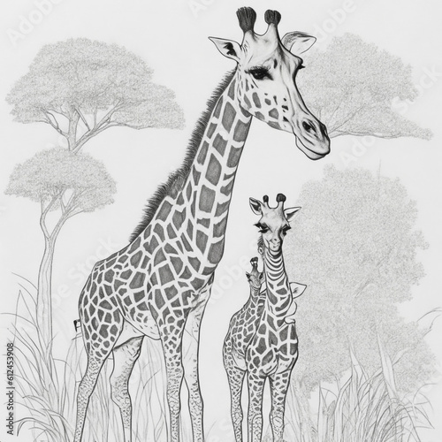Capture the Magic in a Hand-Colored Page Featuring an Elegant Giraffe and its Adorable Offspring