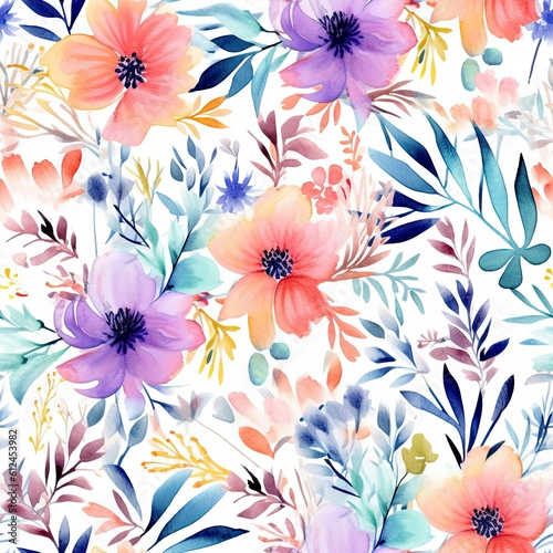 Simple floral, watercolor. Seamless repeat pattern. Romantic garden flowers illustration. Generative AI