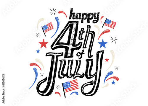 Simple 4th Of July US Independence Day Celebration Banner With Hand Drawn Typography US Flag and Fireworks Illustration