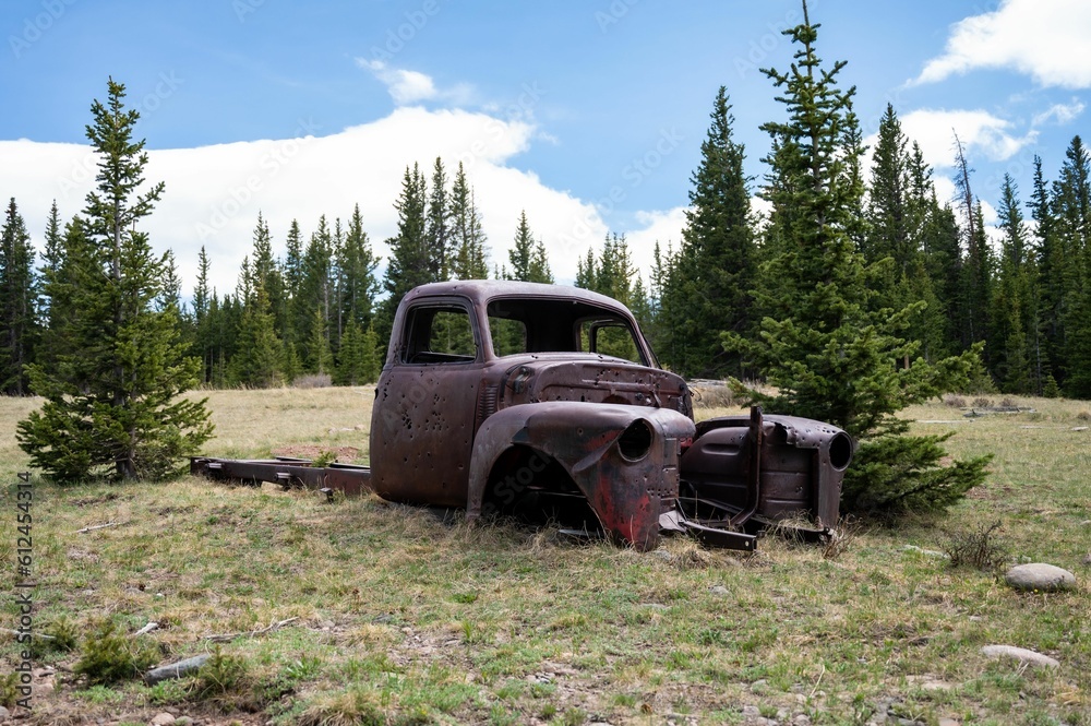 Rusty abandoned truck wreck in the field by green trees Rusty abandoned truck wreck in the field by green trees
