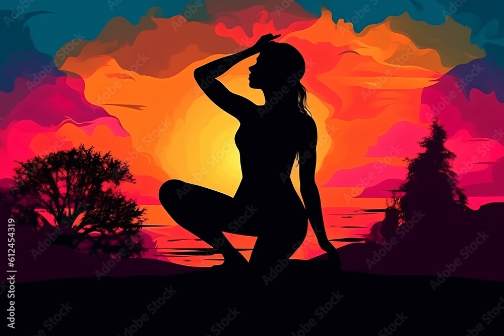 Silhouette of a woman moving her body like dancing or doing a Yoga pose. healthy, sexy, charming, cool. With rainbow background. Generative AI