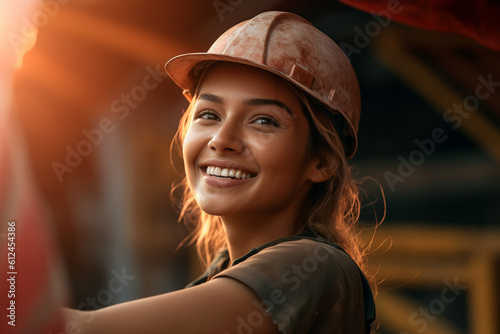 female construction worker with hardhat on a construction side. Generative Ai © Zenturio Designs