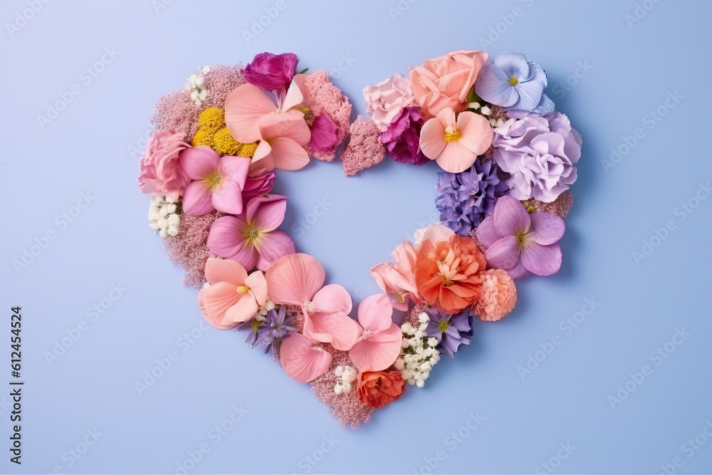 Creative layout with colorful flowers and heart, flat lay purple background. Generative AI. Creative layout with colorful flowers and heart, flat lay purple background. Generative AI.