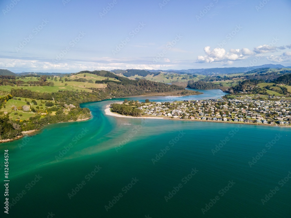 Aerial view of the sea and Cooks Beach, Coromandel Peninsula in New Zealand's North Island