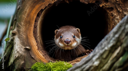 An amusing scene of an otter poking its head out of a hollow log, with a curious expression that invites laughter Generative AI photo