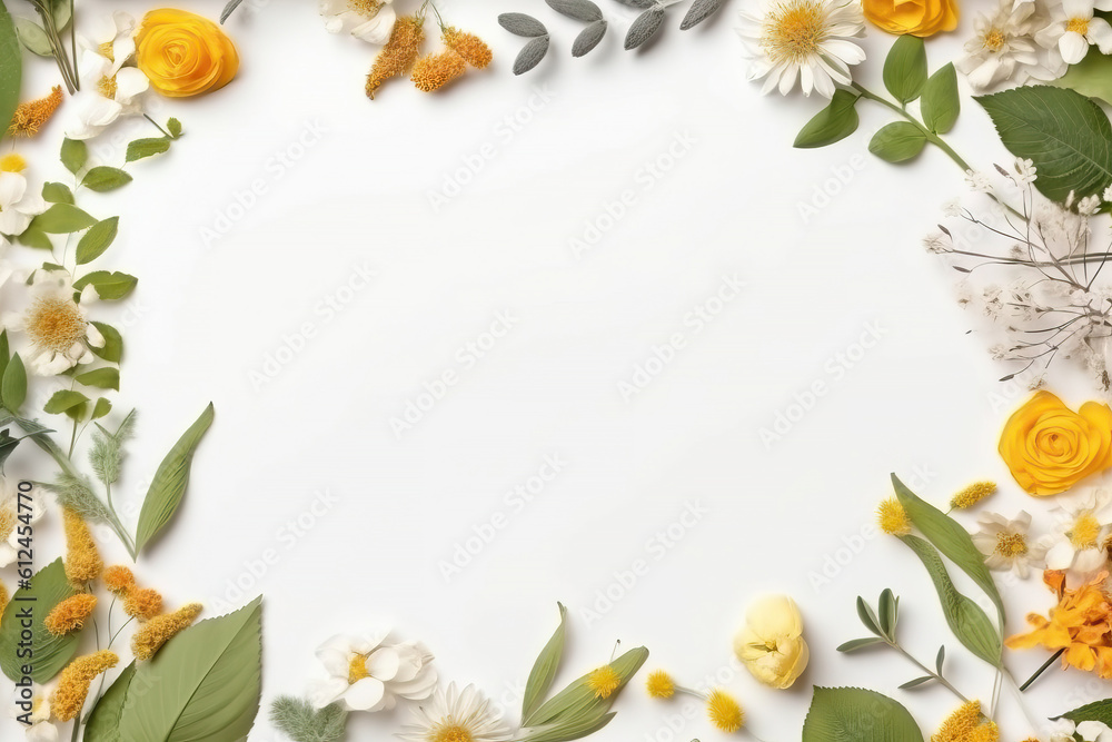 Frame with flowers, branches, leaves and petals isolated pastel background flat lay. Free copy space. Generative AI.