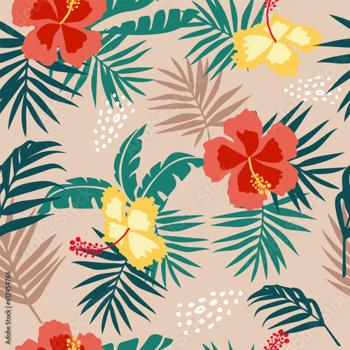 Tropical flower pattern seamless, silhouette of blooming, hand drawn botanical, Floral leaf for spring and Summer time, natural ornaments for textile, fabric, wallpaper, background design.