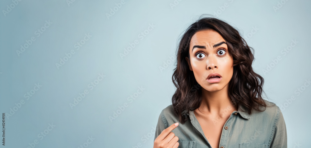 Young woman with uncertain surprised or confused expression, mildly shocked, large open eyes. Wide banner with copy space. Generative AI Young woman with uncertain surprised or confused expression, mildly shocked, large open eyes. Wide banner with copy space. Generative AI