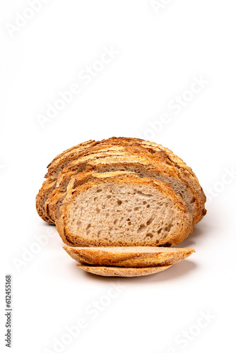 Sliced bread with a crispy brown crust on white background.