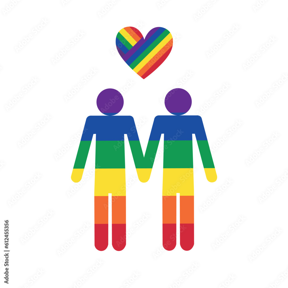 Icono de dos chicos de la mano junto a un corazón. Vista de frente y de cerca. Vector. Concepto: Orgullo gay
