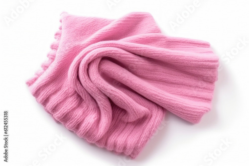 Pink knitted blanket on white background. Flat lay. Generative AI.
