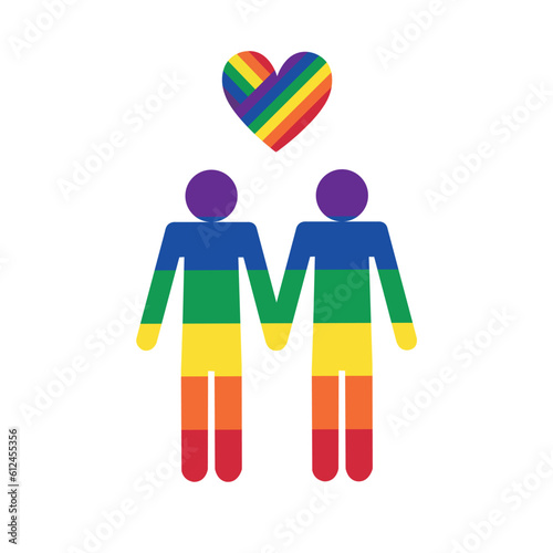 Icono de dos chicos de la mano junto a un corazón. Vista de frente y de cerca. Vector. Concepto: Orgullo gay
