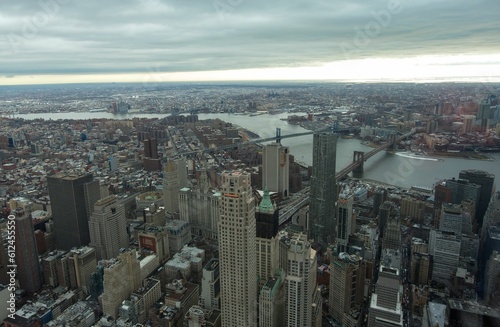 Aerial cityscape of Manhattan on a cloudy day in New York, United States