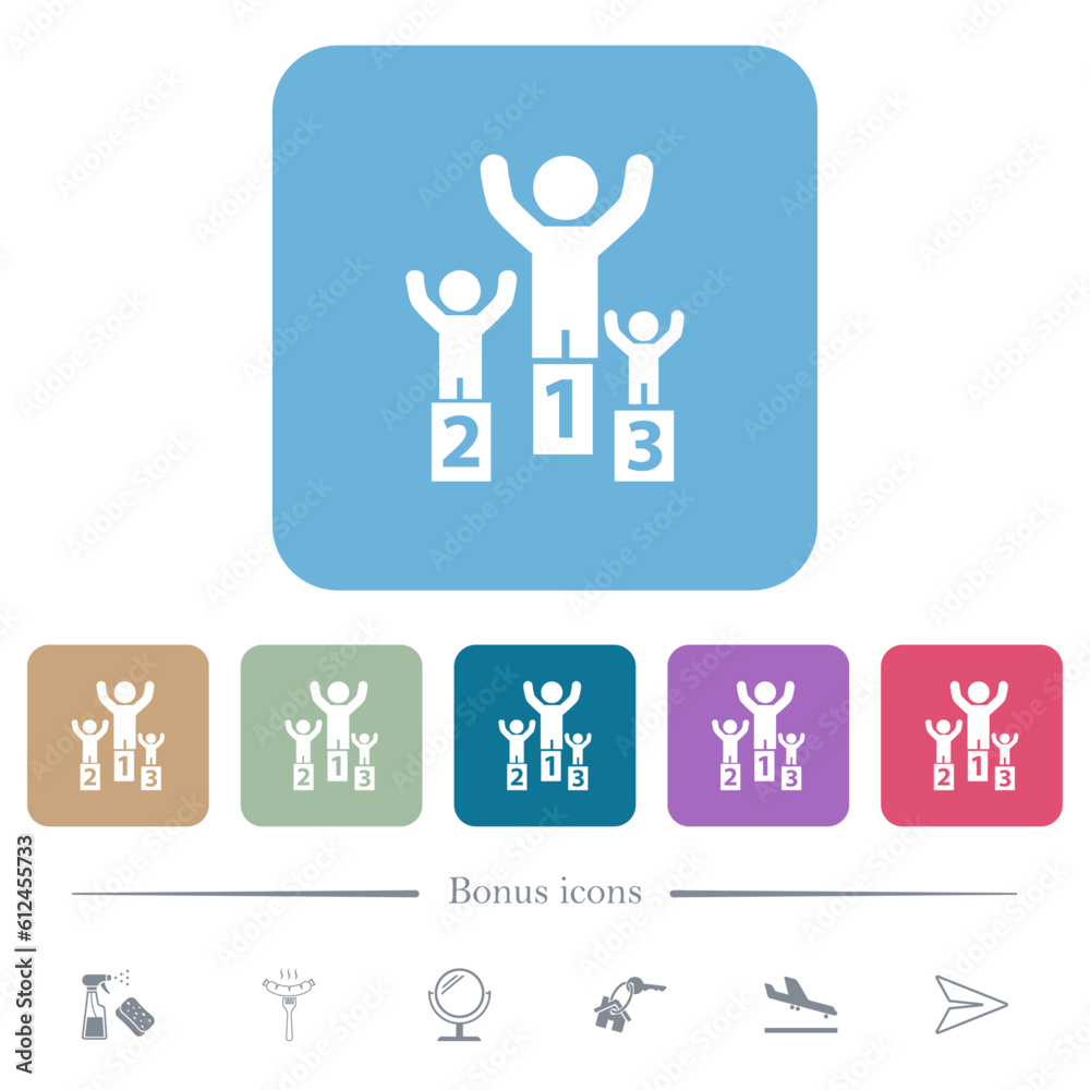 Winners on the podium flat icons on color rounded square backgrounds Winners on the podium flat icons on color rounded square backgrounds