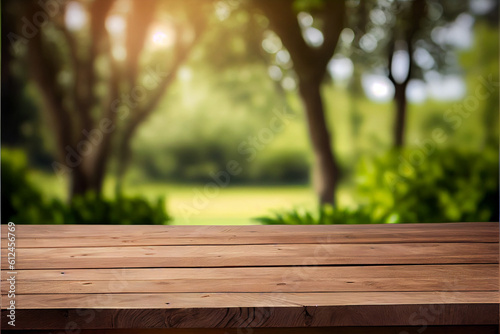 An empty wooden table, countertop or counter to showcase and display your product, against a backdrop of a green garden or jungle.