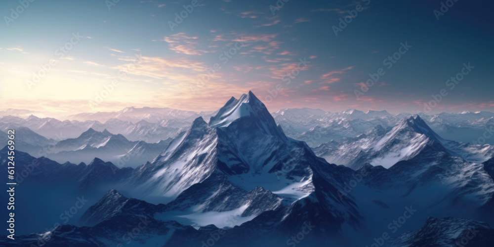 A mesmerizing sight unfolds as the moonlight delicately blankets a snow-covered mountain range, illuminating its majestic peaks in a celestial glow. Generative AI 
